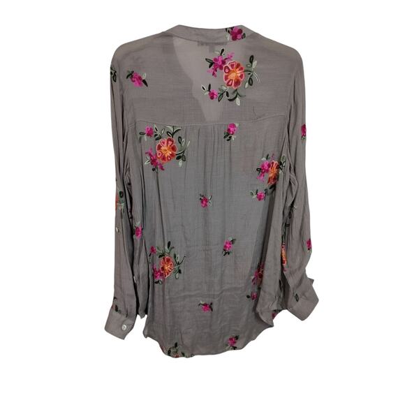 2750)Figueroa & Flower Taupe Embroidery Long Sleeve Button Up Tunic Top XL - Picture 2 of 12